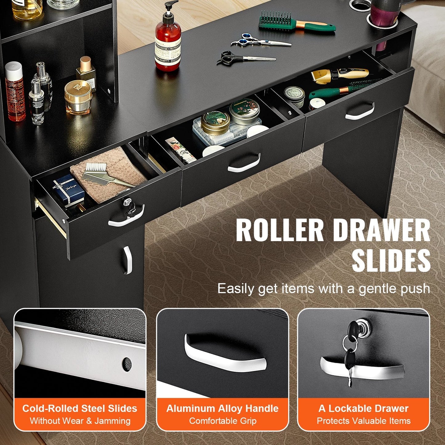 Wall-Mounted Barber Station with Storage, Black Matte Finish, 129x33x177 cm