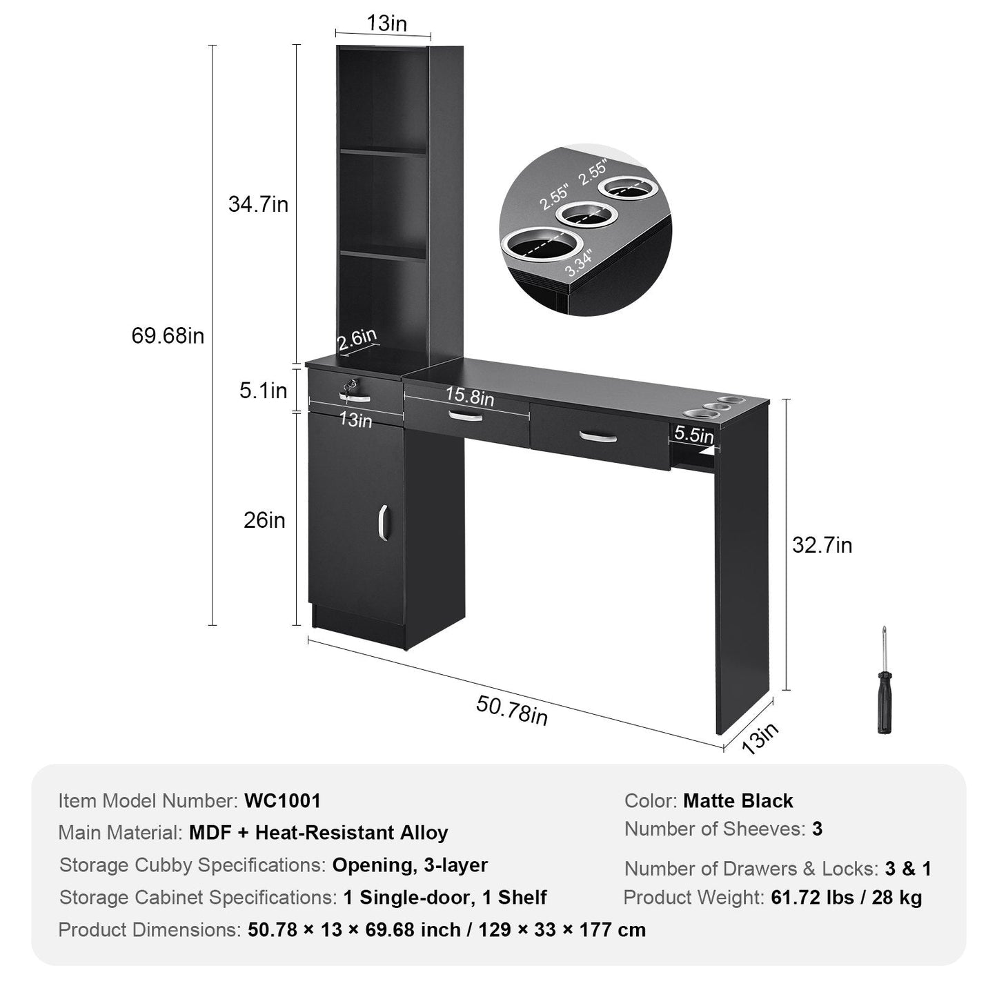 Wall-Mounted Barber Station with Storage, Black Matte Finish, 129x33x177 cm