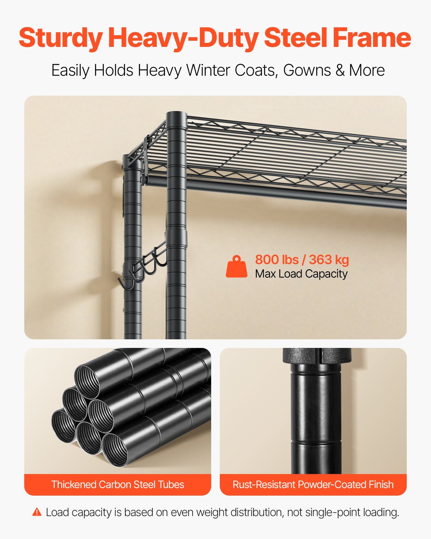 Clothing Garment Rack, Heavy Duty Clothes Rack, Freestanding Clothes Racks with Steel Frame, 363 kg Load Capacity Closet Wardrobe with Storage Shelves for Bedroom, Clothing Store, Hallway