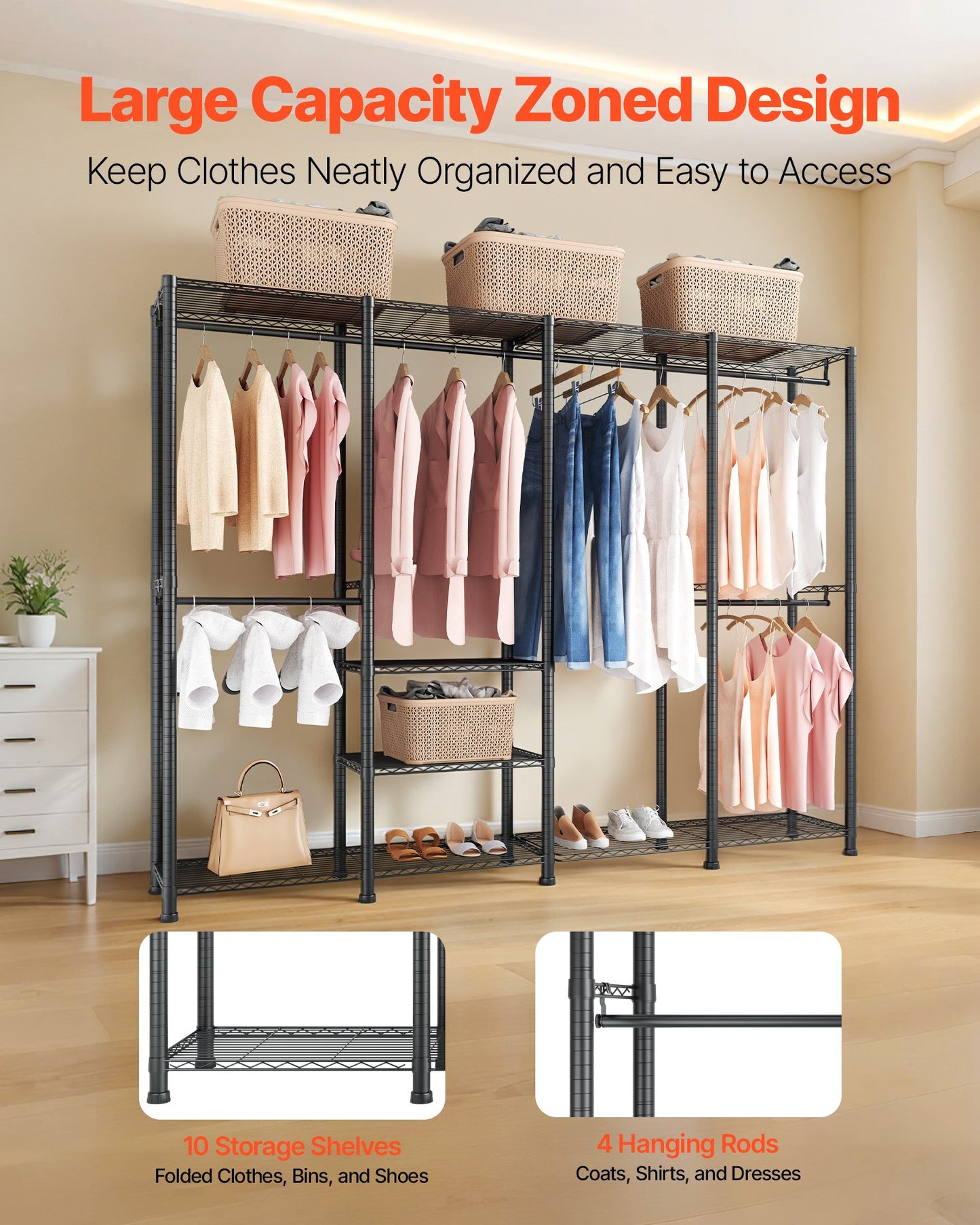 Clothing Garment Rack, Heavy Duty Closet Wardrobe, Adjustable Tiers Clothes Racks with Steel Frame, 499 kg Load Capacity Clothes Rack with 4 Hanging Rods for Bedroom, Clothing Store, Hallway