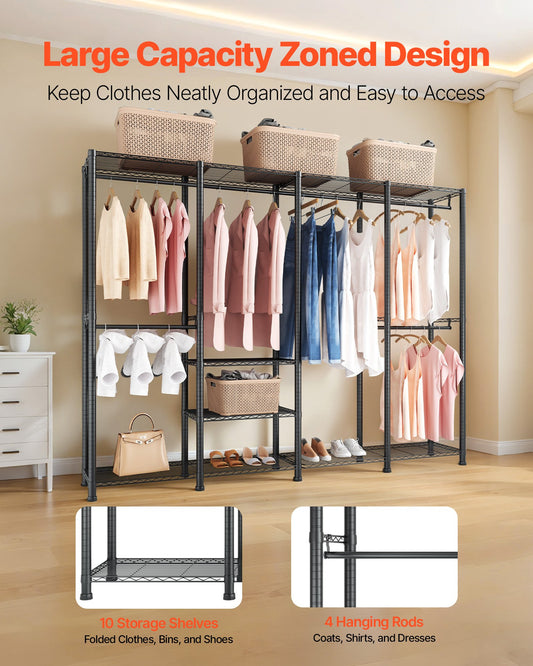 Clothing Garment Rack, Heavy Duty Closet Wardrobe, Adjustable Tiers Clothes Racks with Steel Frame, 499 kg Load Capacity Clothes Rack with 4 Hanging Rods for Bedroom, Clothing Store, Hallway