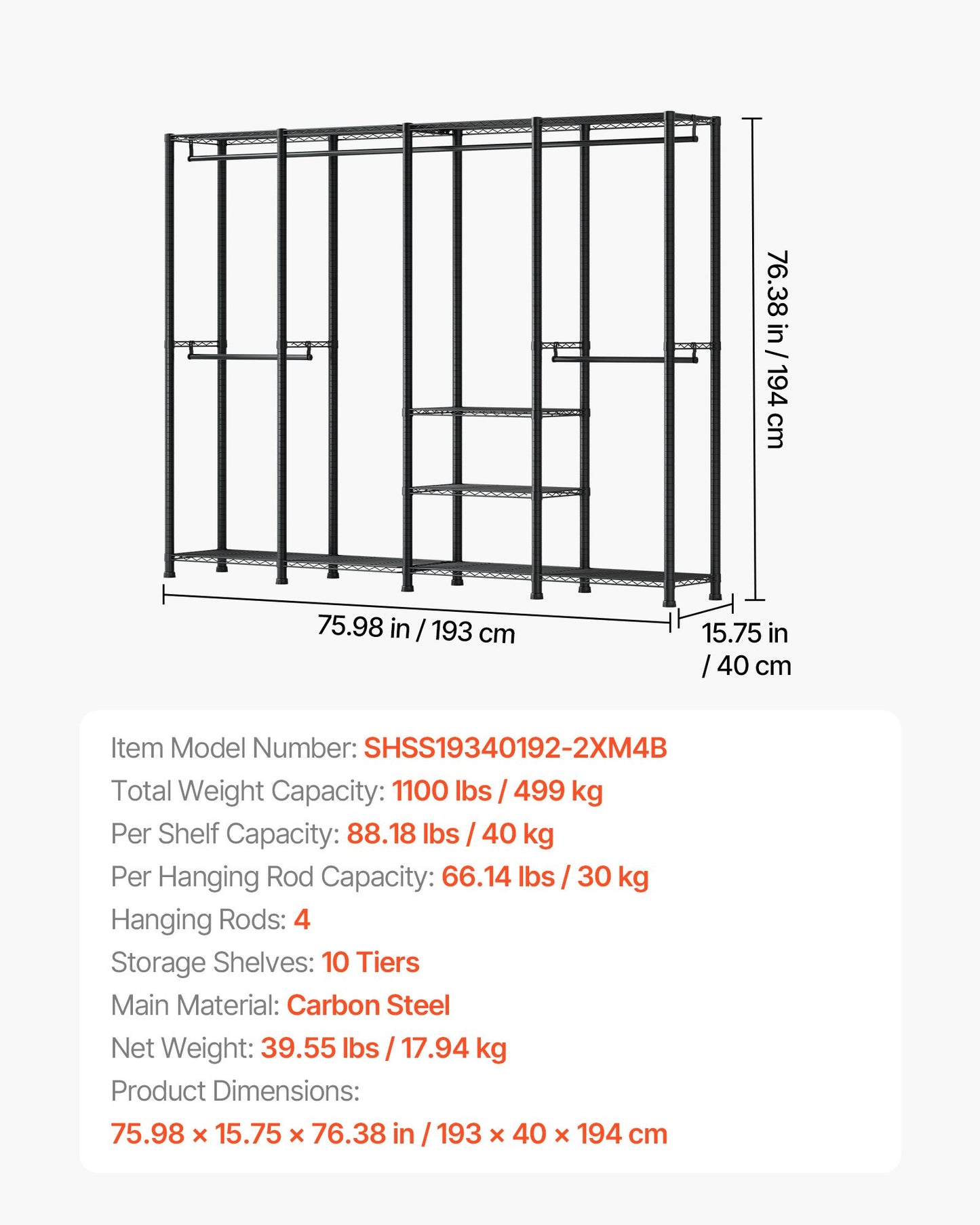 Clothing Garment Rack, Heavy Duty Closet Wardrobe, Adjustable Tiers Clothes Racks with Steel Frame, 499 kg Load Capacity Clothes Rack with 4 Hanging Rods for Bedroom, Clothing Store, Hallway