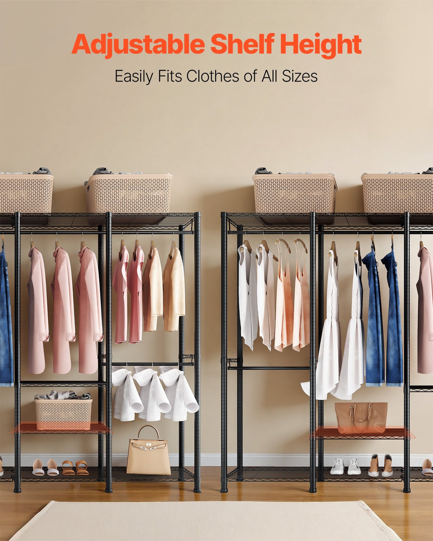 Clothing Garment Rack, Heavy Duty Closet Wardrobe, Adjustable Tiers Clothes Racks with Steel Frame, 499 kg Load Capacity Clothes Rack with 4 Hanging Rods for Bedroom, Clothing Store, Hallway