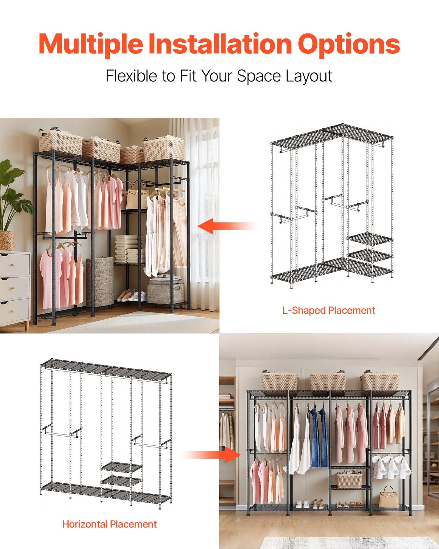 Clothing Garment Rack, Heavy Duty Closet Wardrobe, Adjustable Tiers Clothes Racks with Steel Frame, 499 kg Load Capacity Clothes Rack with 4 Hanging Rods for Bedroom, Clothing Store, Hallway