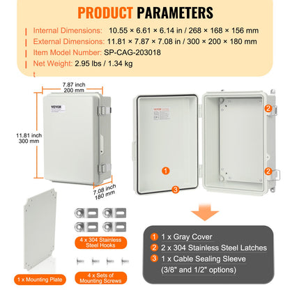 VEVOR Outdoor Electrical Junction Box, 300 x 200 x 180 mm, ABS Plastic Electrical