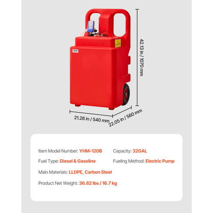 VEVOR Fuel Caddy 32 Gallon Fuel Tank with 12V DC 2.5 GPM Electric Transfer Pump