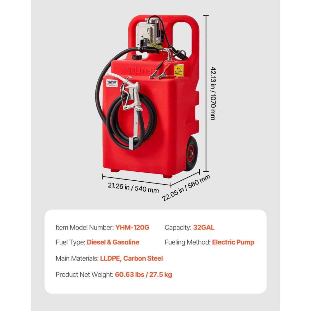 VEVOR Fuel Caddy 32 Gallon Fuel Tank with 12V DC 15 GPM Electric Transfer Pump