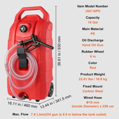 60.57L Fuel Caddy, 7.8 L/min, Portable Gas Storage Tank Container with Rubber Wheels, Gravity-flow Mode, Fuel Transfer Storage Tank for Gasoline Diesel Machine Oil Car Mowers Boat Motorcycle