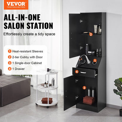 Black Salon Storage Cabinet with 3 Holders, Drawers & Heat-Resistant Sleeves