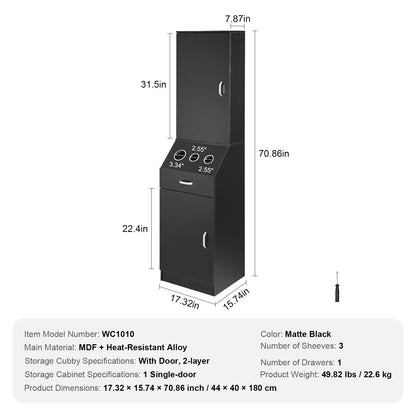 Black Salon Storage Cabinet with 3 Holders, Drawers & Heat-Resistant Sleeves