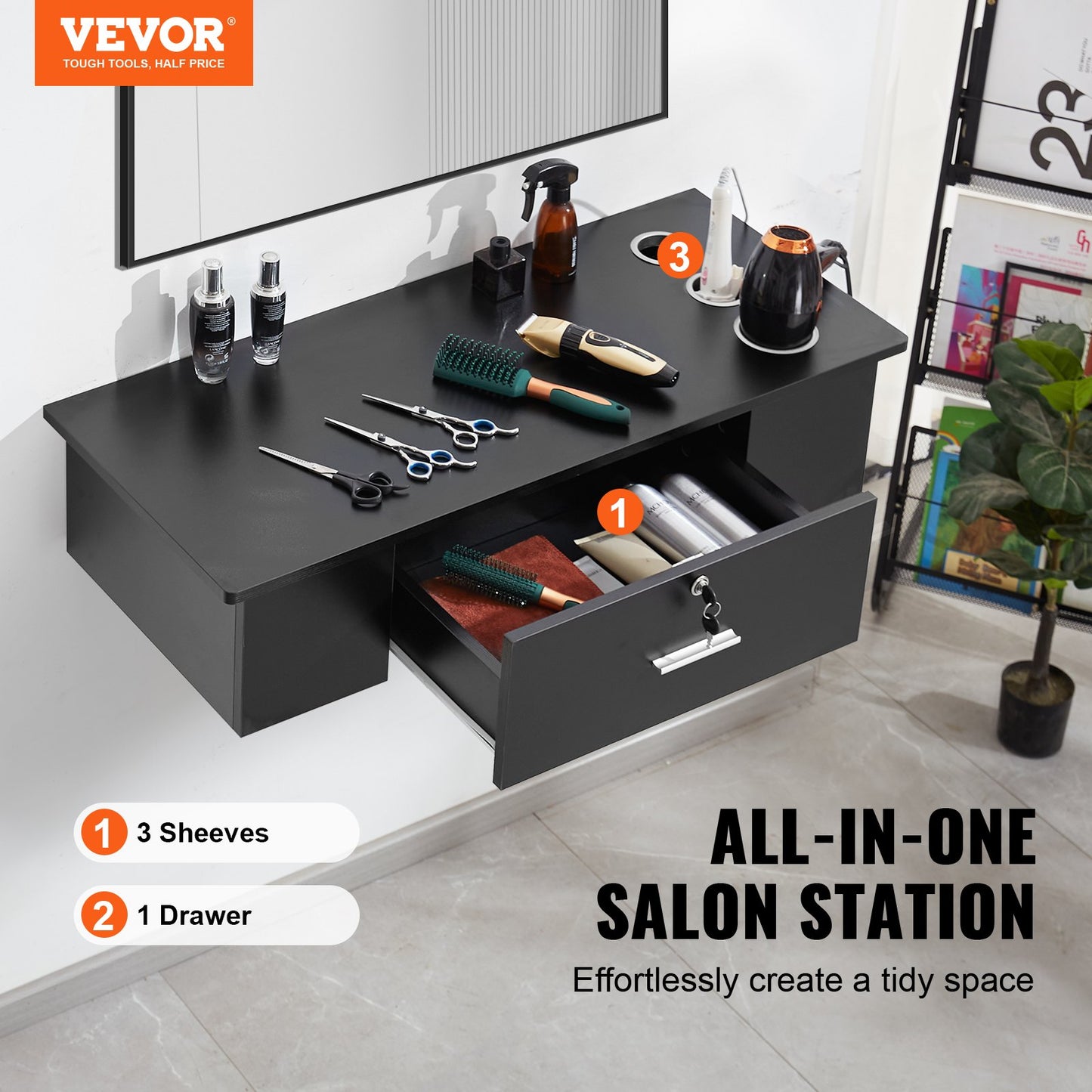 VEVOR Wall Mount Styling Station, Hair Barber Table with 3 Hair Dryer Holders, One