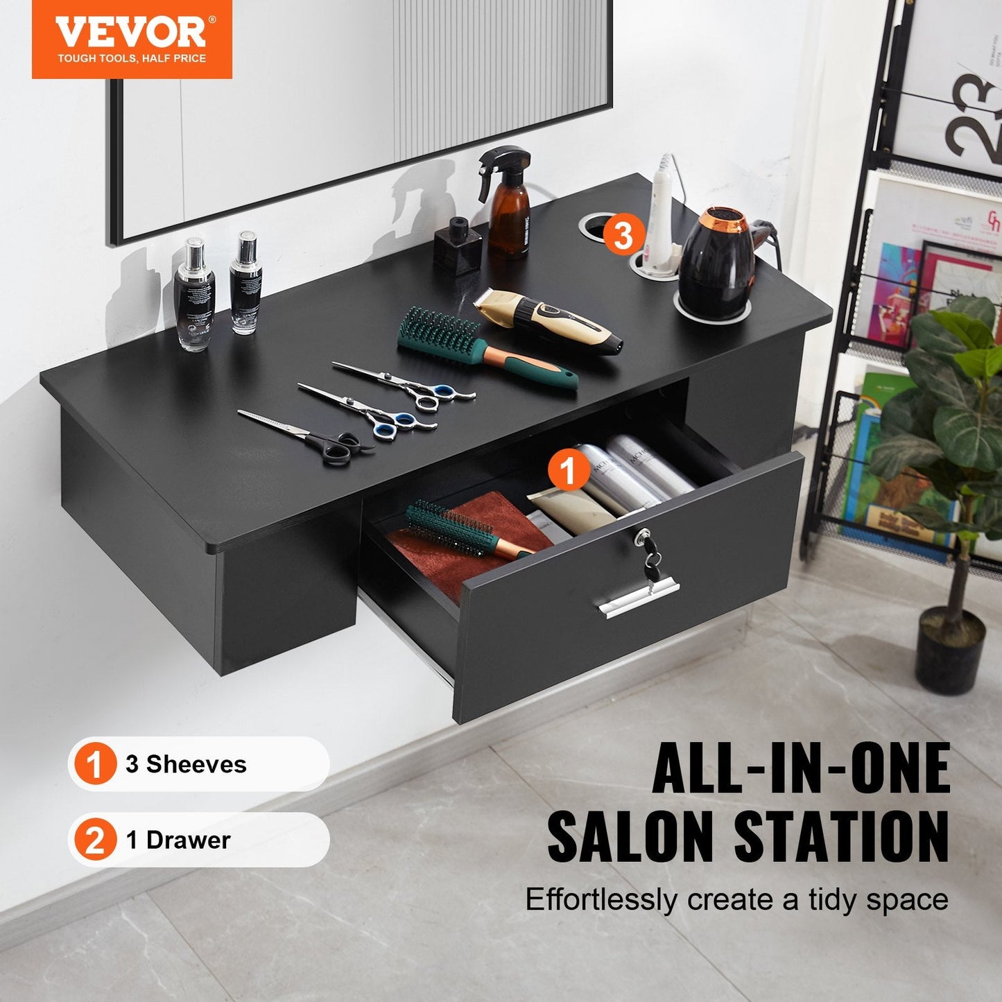 Wall Mount Styling Station with Lockable Drawer & 3 Holders, Matte Black
