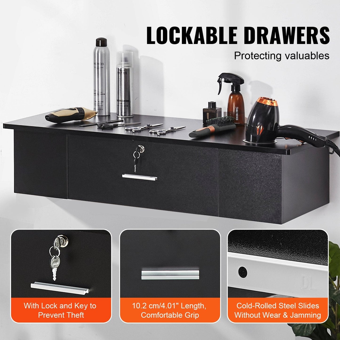 Wall Mount Styling Station with Lockable Drawer & 3 Holders, Matte Black