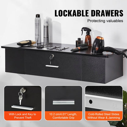 Wall Mount Styling Station with Lockable Drawer & 3 Holders, Matte Black