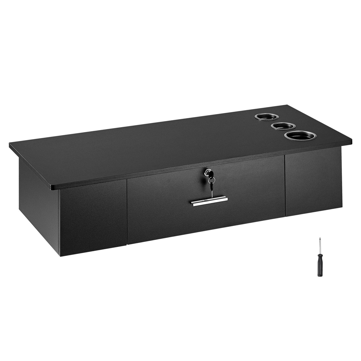 Wall Mount Styling Station with Lockable Drawer & 3 Holders, Matte Black