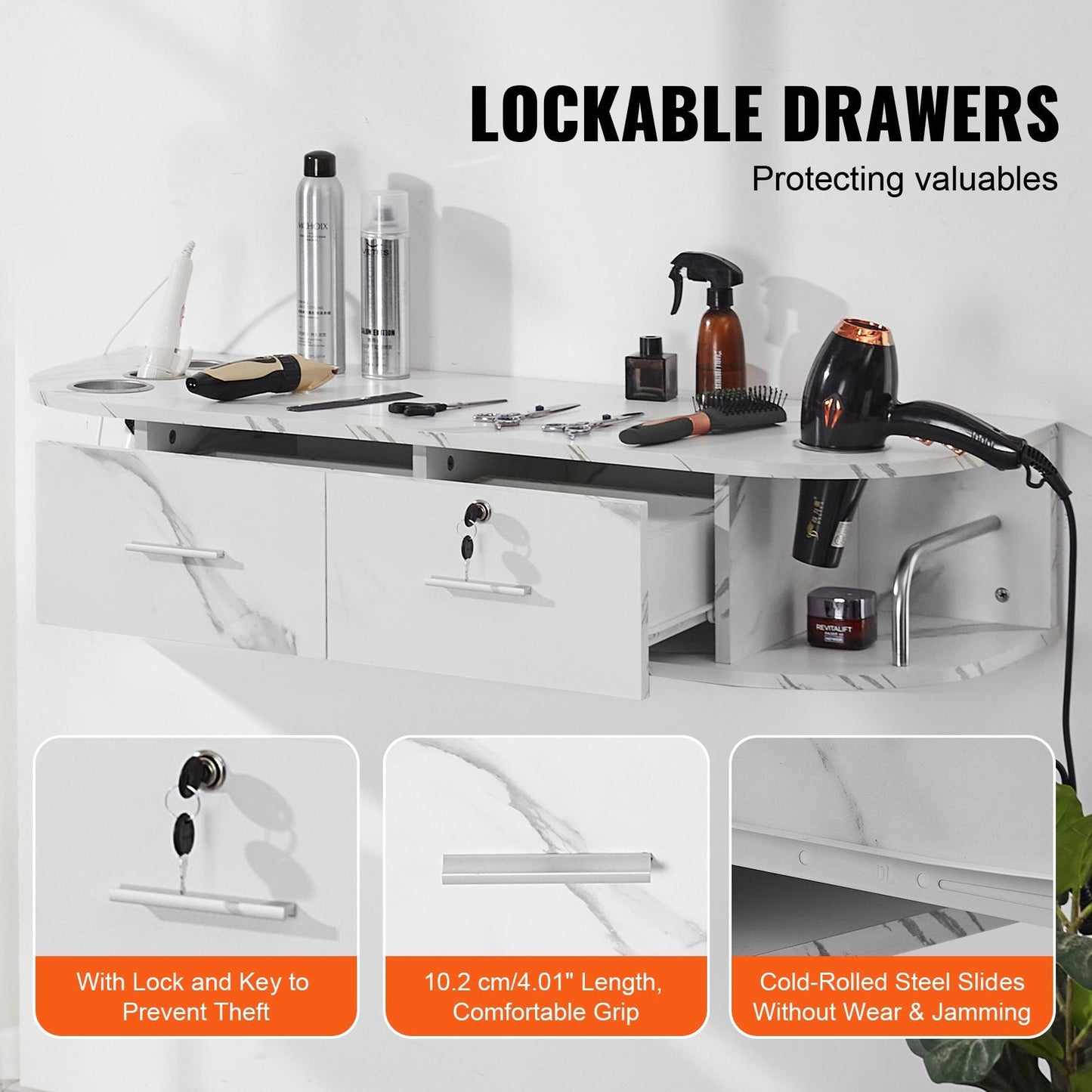 Wall-Mounted Styling Station with 5 Holders and 2 Drawers for Salon & Home Use