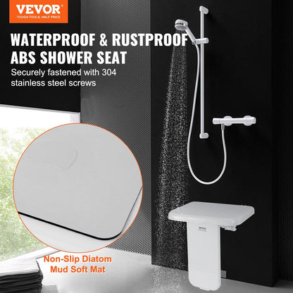 Folding Wall-Mounted Shower Seat, 0.4m x 0.42m, Supports 200kg, Space-Saving Design