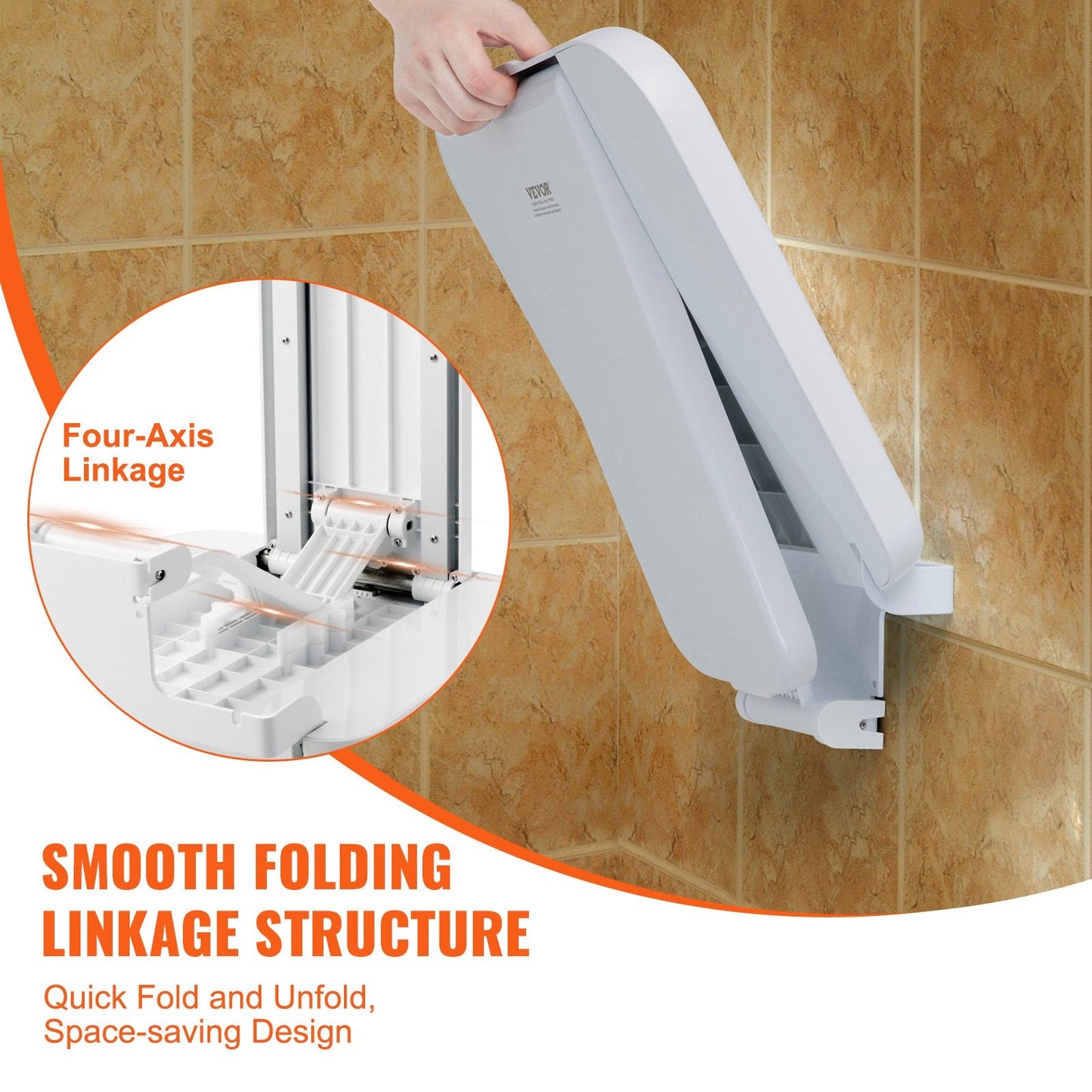 Folding Wall-Mounted Shower Seat, 0.4m x 0.42m, Supports 200kg, Space-Saving Design