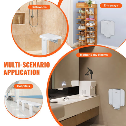 Folding Wall-Mounted Shower Seat, 0.4m x 0.42m, Supports 200kg, Space-Saving Design
