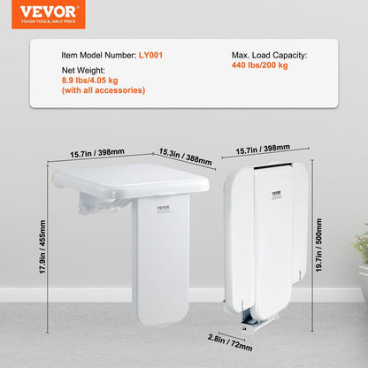 Folding Wall-Mounted Shower Seat, 0.4m x 0.42m, Supports 200kg, Space-Saving Design