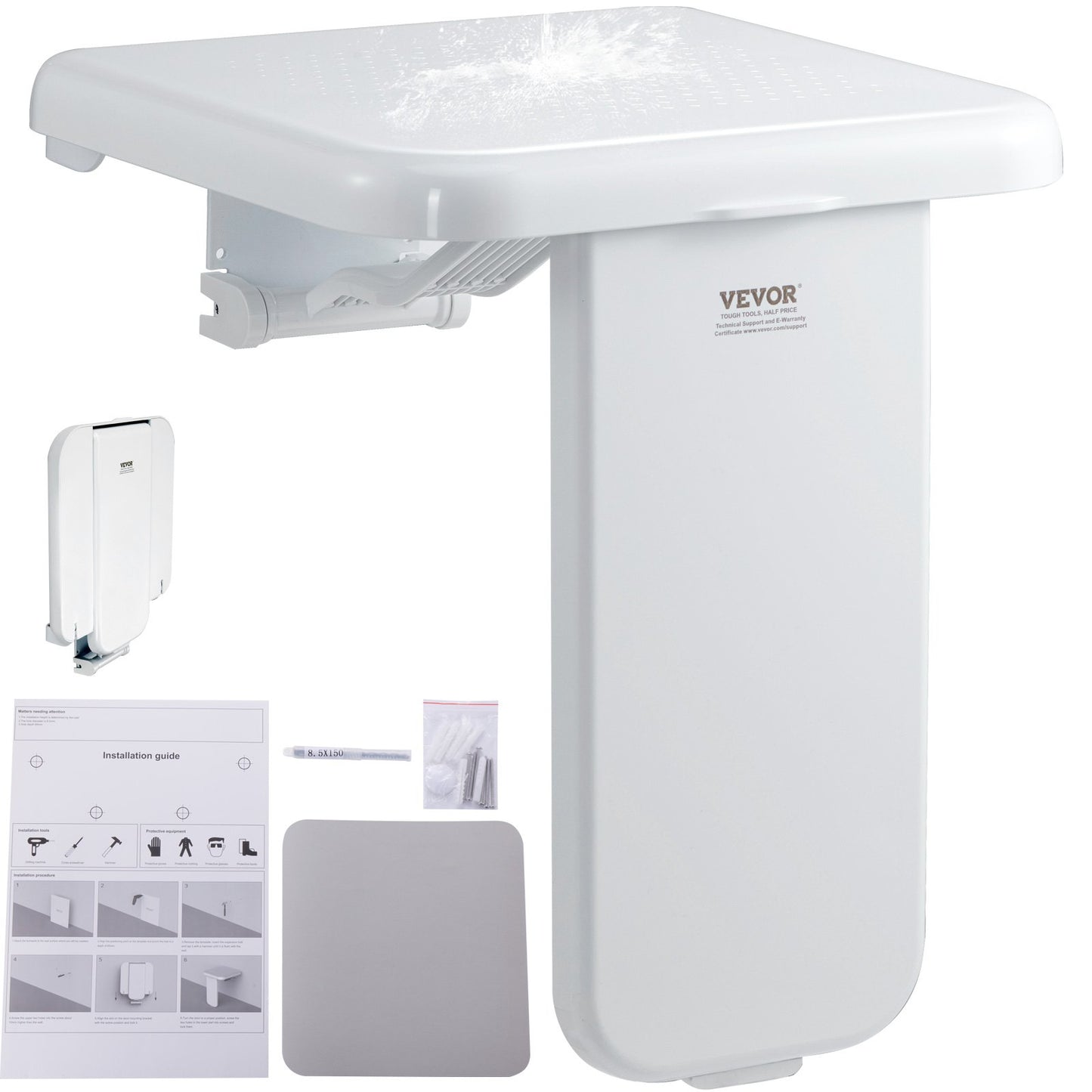 VEVOR Folding ABS Shower Seat, 15.7'' x 16.7'' Unfolded, Wall Mounted Fold Up Shower