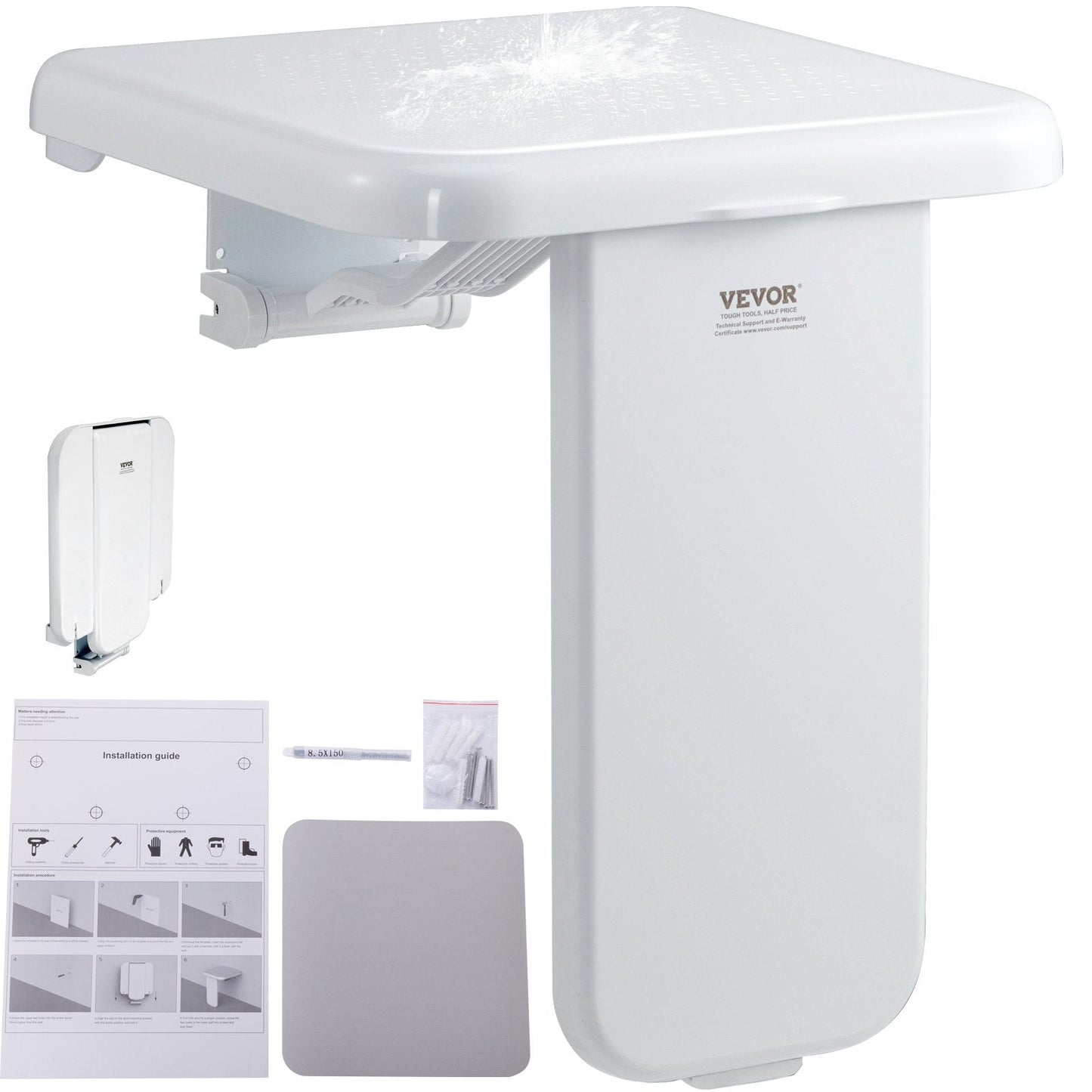Folding Wall-Mounted Shower Seat, 0.4m x 0.42m, Supports 200kg, Space-Saving Design