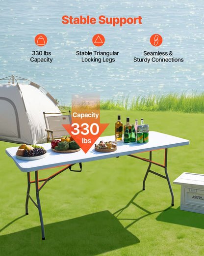 Folding Table, 6 Ft Heavy Duty Portable Fold-in-Half Utility Table, Indoor Outdoor Plastic Rectangle Table with Built in Handle, for Party, Dining, Wedding, Events, Picnic, Camping, White