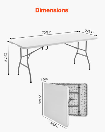 Folding Table, 6 Ft Heavy Duty Portable Fold-in-Half Utility Table, Indoor Outdoor Plastic Rectangle Table with Built in Handle, for Party, Dining, Wedding, Events, Picnic, Camping, White