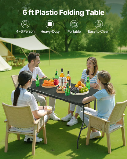 Folding Table, 6 Ft Heavy Duty Portable Fold-in-Half Utility Table, Indoor Outdoor Plastic Rectangle Table with Built in Handle, for Party, Dining, Wedding, Events, Picnic, Camping, Black