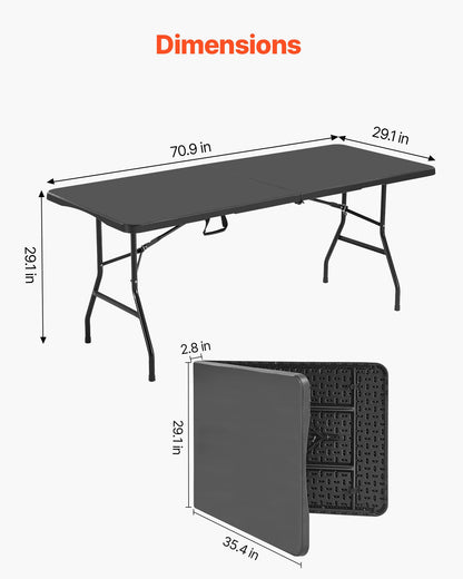 Folding Table, 6 Ft Heavy Duty Portable Fold-in-Half Utility Table, Indoor Outdoor Plastic Rectangle Table with Built in Handle, for Party, Dining, Wedding, Events, Picnic, Camping, Black