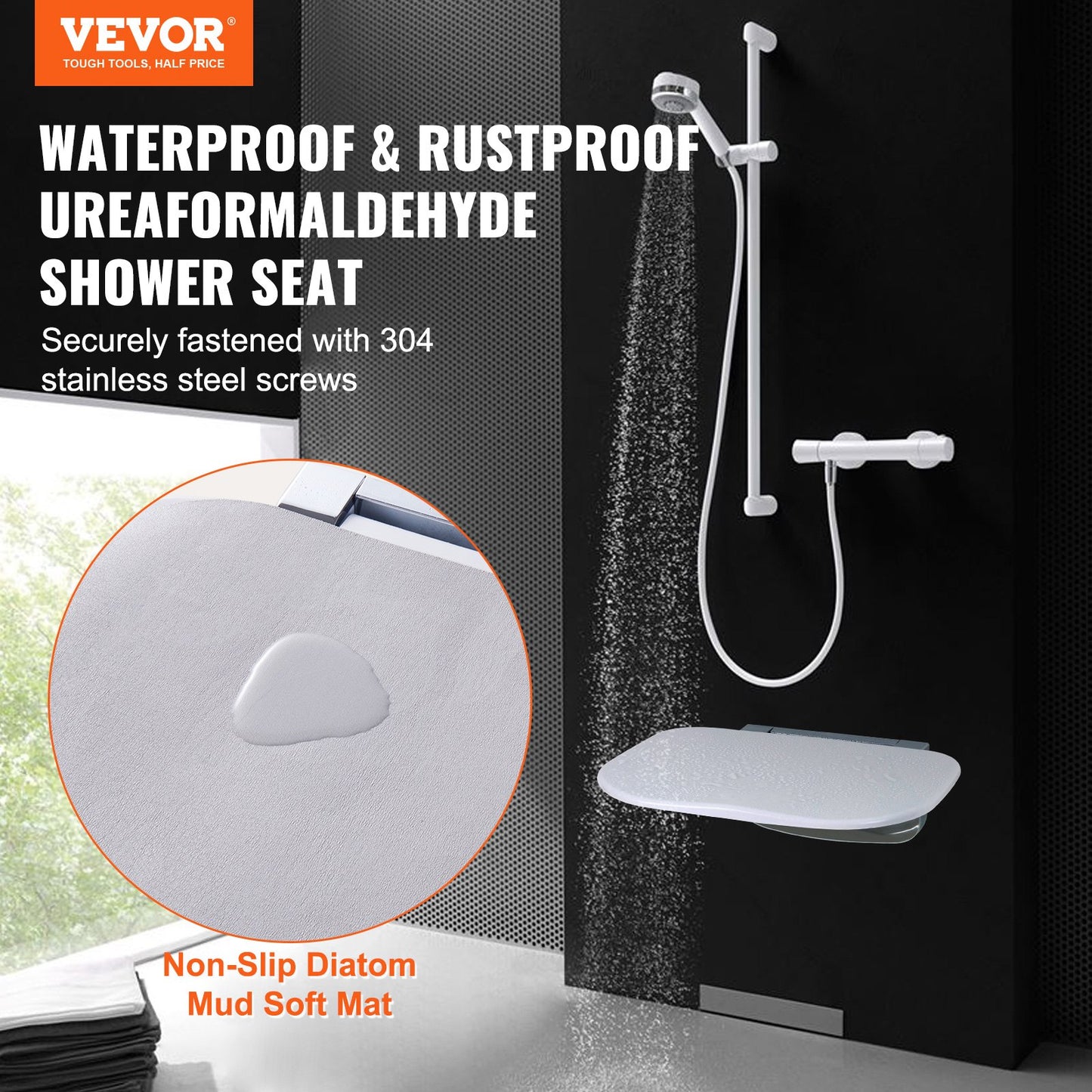 VEVOR Urea-formaldehyde Folding Shower Seat, 13.6'' x 12.8'' Unfolded, Wall Mounted