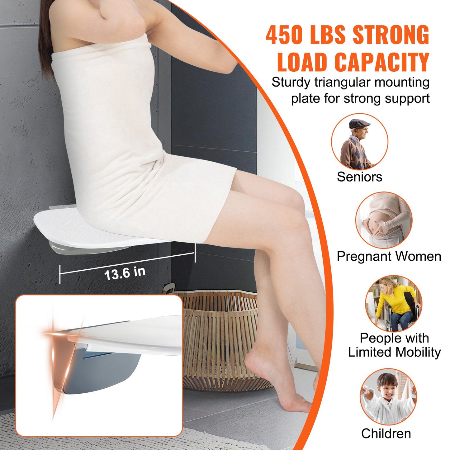 VEVOR Urea-formaldehyde Folding Shower Seat, 13.6'' x 12.8'' Unfolded, Wall Mounted