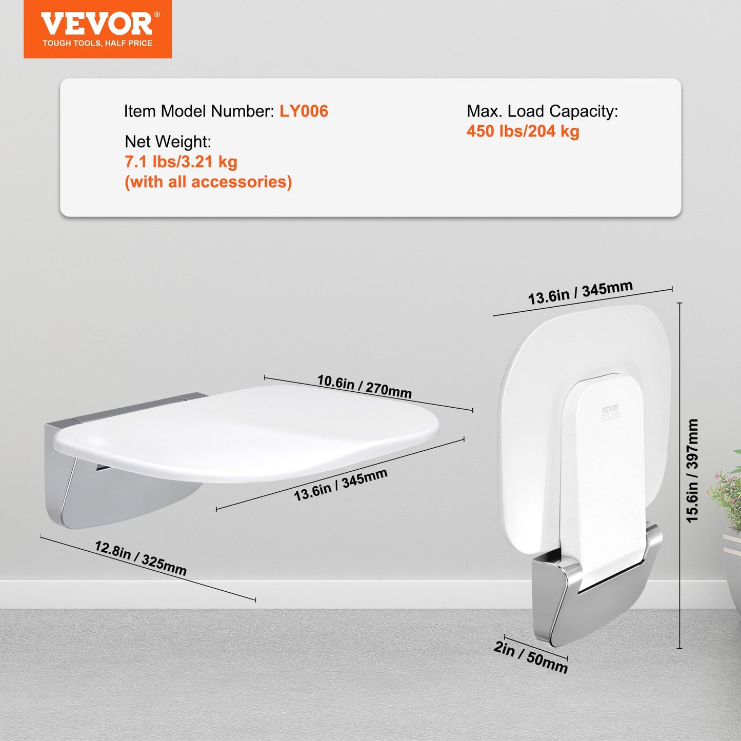 VEVOR Urea-formaldehyde Folding Shower Seat, 13.6'' x 12.8'' Unfolded, Wall Mounted
