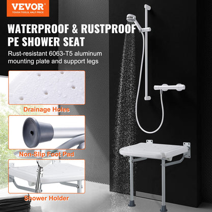 VEVOR Folding PE Shower Seat, 15.7'' x 14.8'' Unfolded, Wall Mounted Fold Up Shower