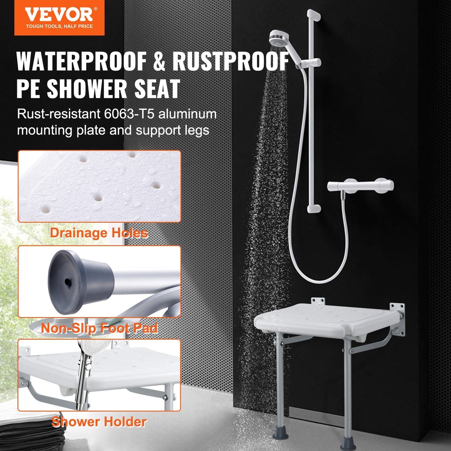 Wall-Mounted Foldable Shower Seat, 0.4 x 0.38m, 227 kg Capacity