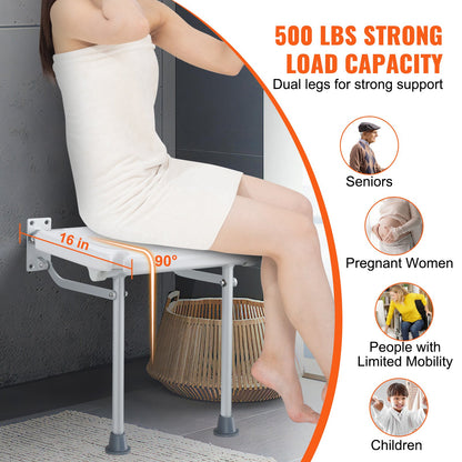 VEVOR Folding PE Shower Seat, 15.7'' x 14.8'' Unfolded, Wall Mounted Fold Up Shower