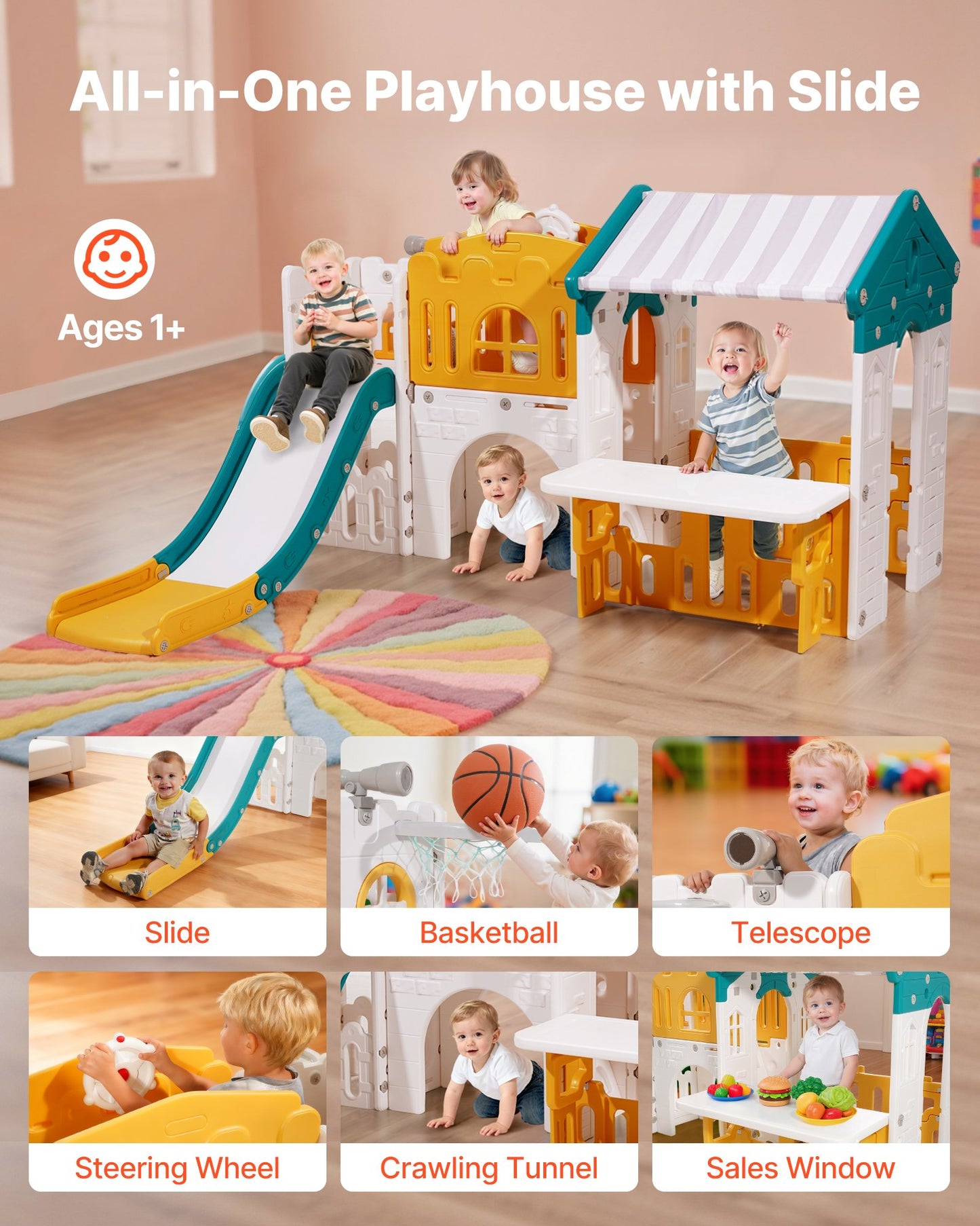 Outdoor Playhouse, Versatile Toddler Playground with Slide, Basketball, Telescope, Steering Wheel, Crawling Tunnel, Sales Window, Toddler Playset for Aged 1+, Open Play Structure, HDPE Plastic