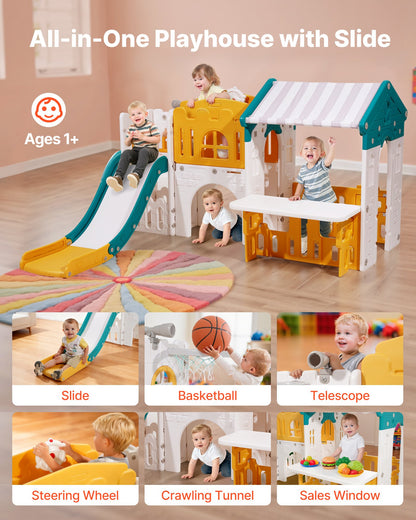 Outdoor Playhouse, Versatile Toddler Playground with Slide, Basketball, Telescope, Steering Wheel, Crawling Tunnel, Sales Window, Toddler Playset for Aged 1+, Open Play Structure, HDPE Plastic