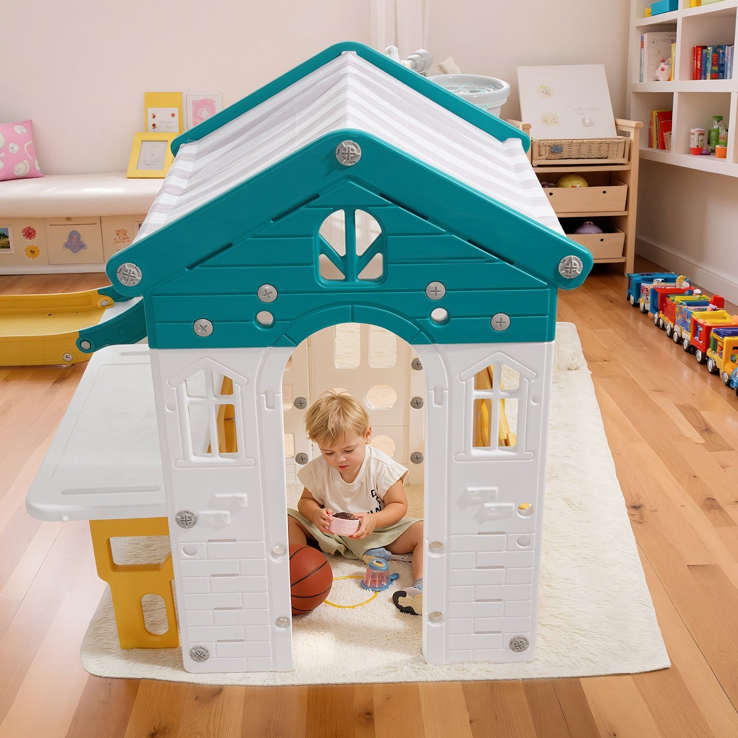 Outdoor Playhouse, Versatile Toddler Playground with Slide, Basketball, Telescope, Steering Wheel, Crawling Tunnel, Sales Window, Toddler Playset for Aged 1+, Open Play Structure, HDPE Plastic