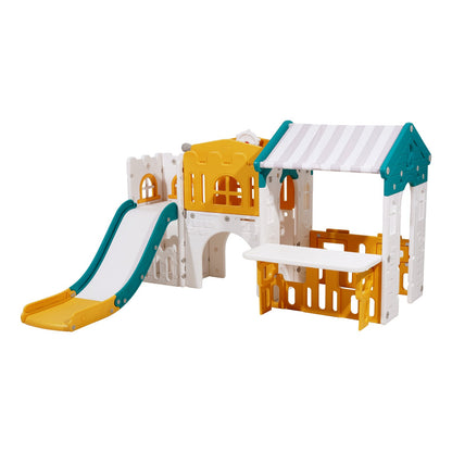 Outdoor Playhouse, Versatile Toddler Playground with Slide, Basketball, Telescope, Steering Wheel, Crawling Tunnel, Sales Window, Toddler Playset for Aged 1+, Open Play Structure, HDPE Plastic
