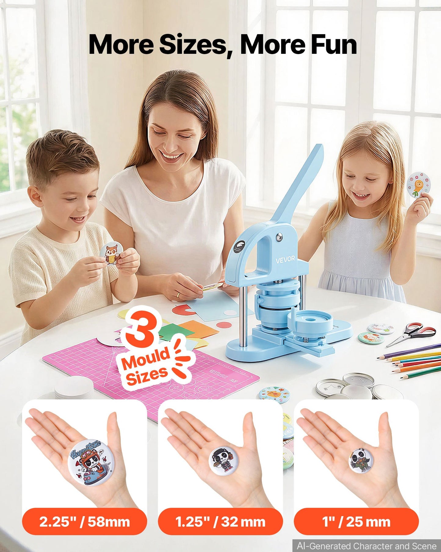 Button Maker Machine 1"/1.25"/2.25"(25/32/58 mm) Pin Maker Blue, with 300pcs Button Parts, Circle Cutter and Magic Book, Ergonomic Handle, for DIY Badges, Pins, Fridge Magnets and Key Chains