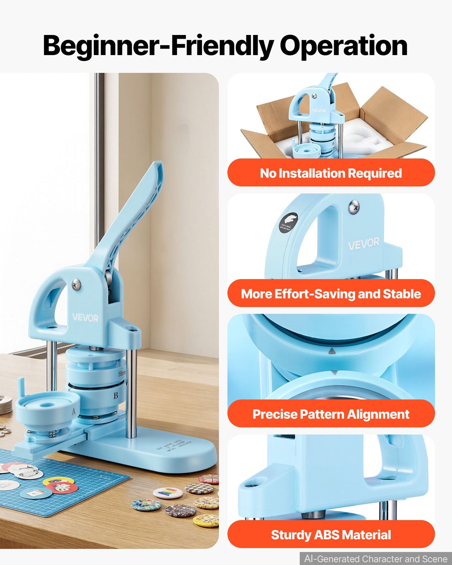 Button Maker Machine 1"/1.25"/2.25"(25/32/58 mm) Pin Maker Blue, with 300pcs Button Parts, Circle Cutter and Magic Book, Ergonomic Handle, for DIY Badges, Pins, Fridge Magnets and Key Chains