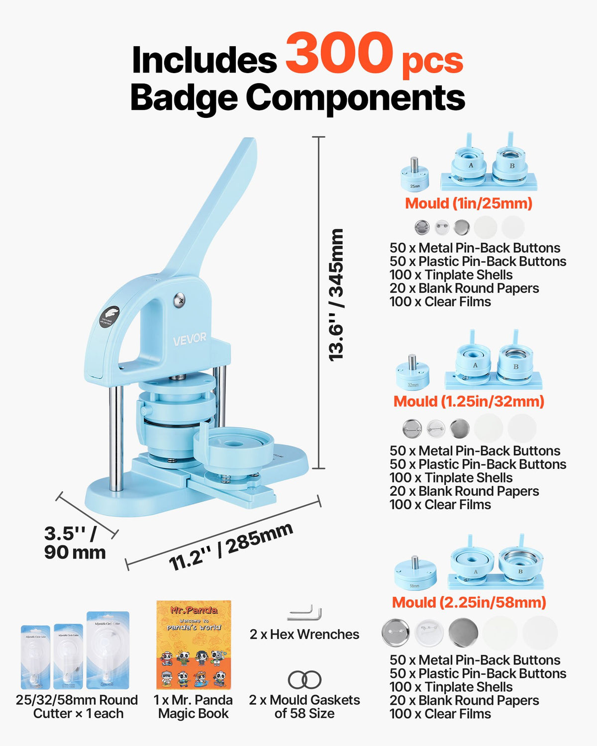 Button Maker Machine 1"/1.25"/2.25"(25/32/58 mm) Pin Maker Blue, with 300pcs Button Parts, Circle Cutter and Magic Book, Ergonomic Handle, for DIY Badges, Pins, Fridge Magnets and Key Chains