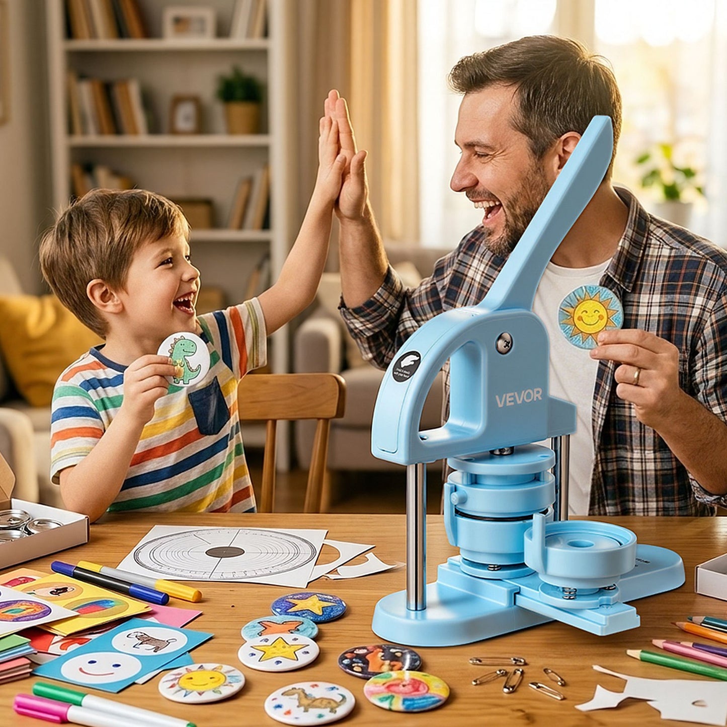 Button Maker Machine 1"/1.25"/2.25"(25/32/58 mm) Pin Maker Blue, with 300pcs Button Parts, Circle Cutter and Magic Book, Ergonomic Handle, for DIY Badges, Pins, Fridge Magnets and Key Chains