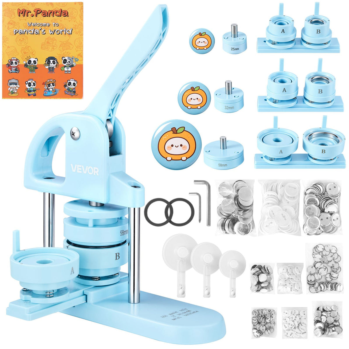 Button Maker Machine 1"/1.25"/2.25"(25/32/58 mm) Pin Maker Blue, with 300pcs Button Parts, Circle Cutter and Magic Book, Ergonomic Handle, for DIY Badges, Pins, Fridge Magnets and Key Chains