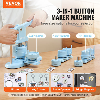 3-in-1 Pin Maker with Panda Book, 300 pcs, Ergonomic Handle, Blue (25/32/58mm)