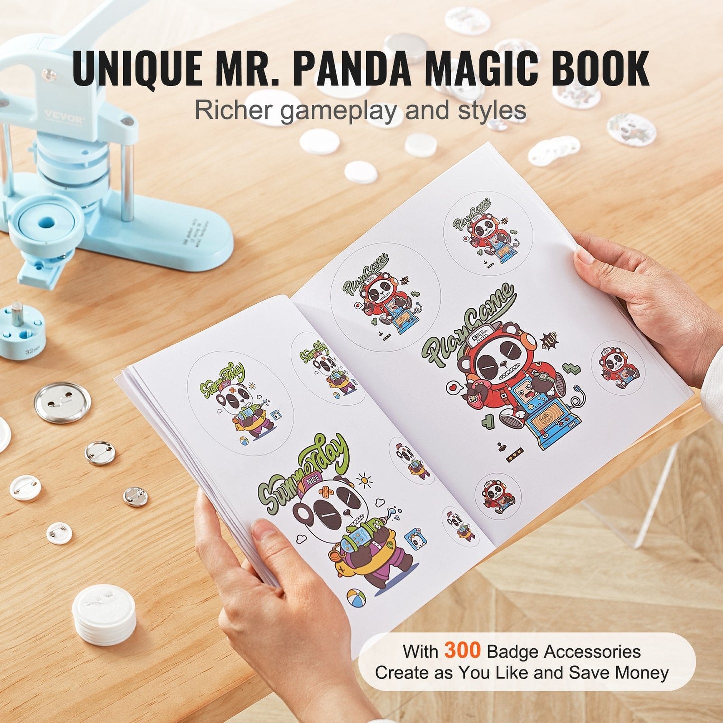 3-in-1 Pin Maker with Panda Book, 300 pcs, Ergonomic Handle, Blue (25/32/58mm)