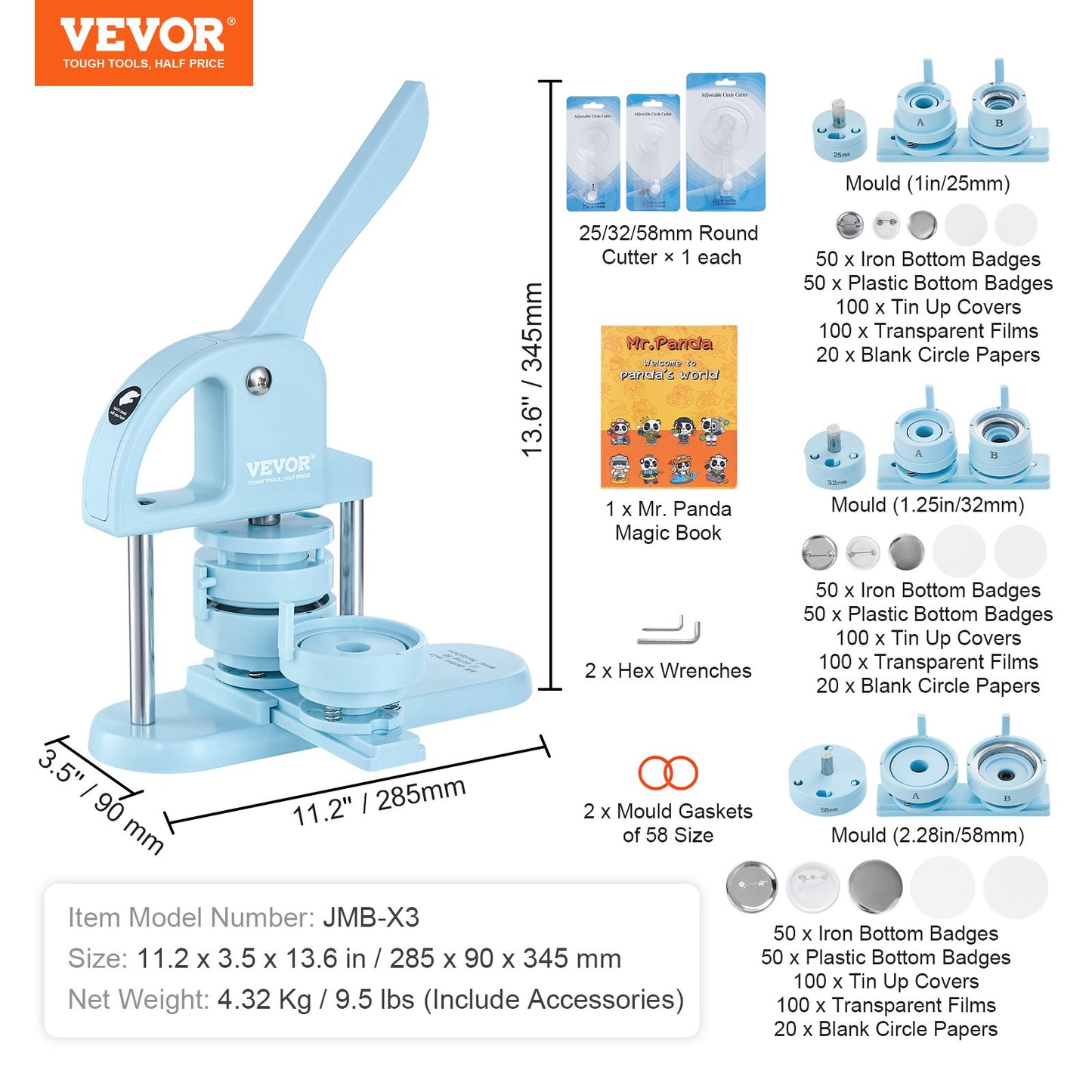 VEVOR Button Maker, 1/1.25/2.28 inch(25/32/58mm) 3-IN-1 Pin Maker, 300pcs Button
