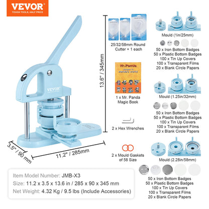 VEVOR Button Maker, 1/1.25/2.28 inch(25/32/58mm) 3-IN-1 Pin Maker, 300pcs Button