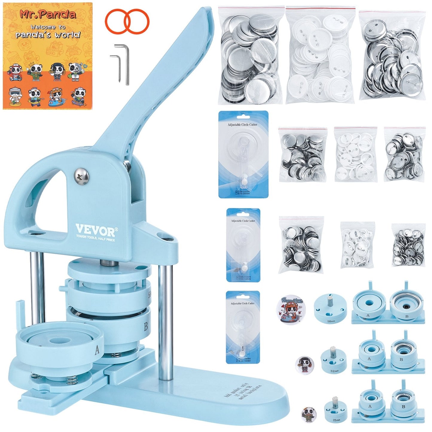 3-in-1 Pin Maker with Panda Book, 300 pcs, Ergonomic Handle, Blue (25/32/58mm)